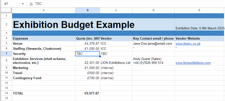 an example spreadsheet structure with columns showing expenses, quotes, associated vendors, and their contact details and website.